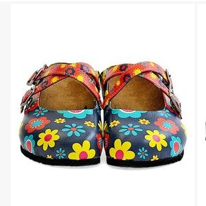 Calceo- Navy blue with multi-colored flowers painted mule w/ cross-straps sz 35